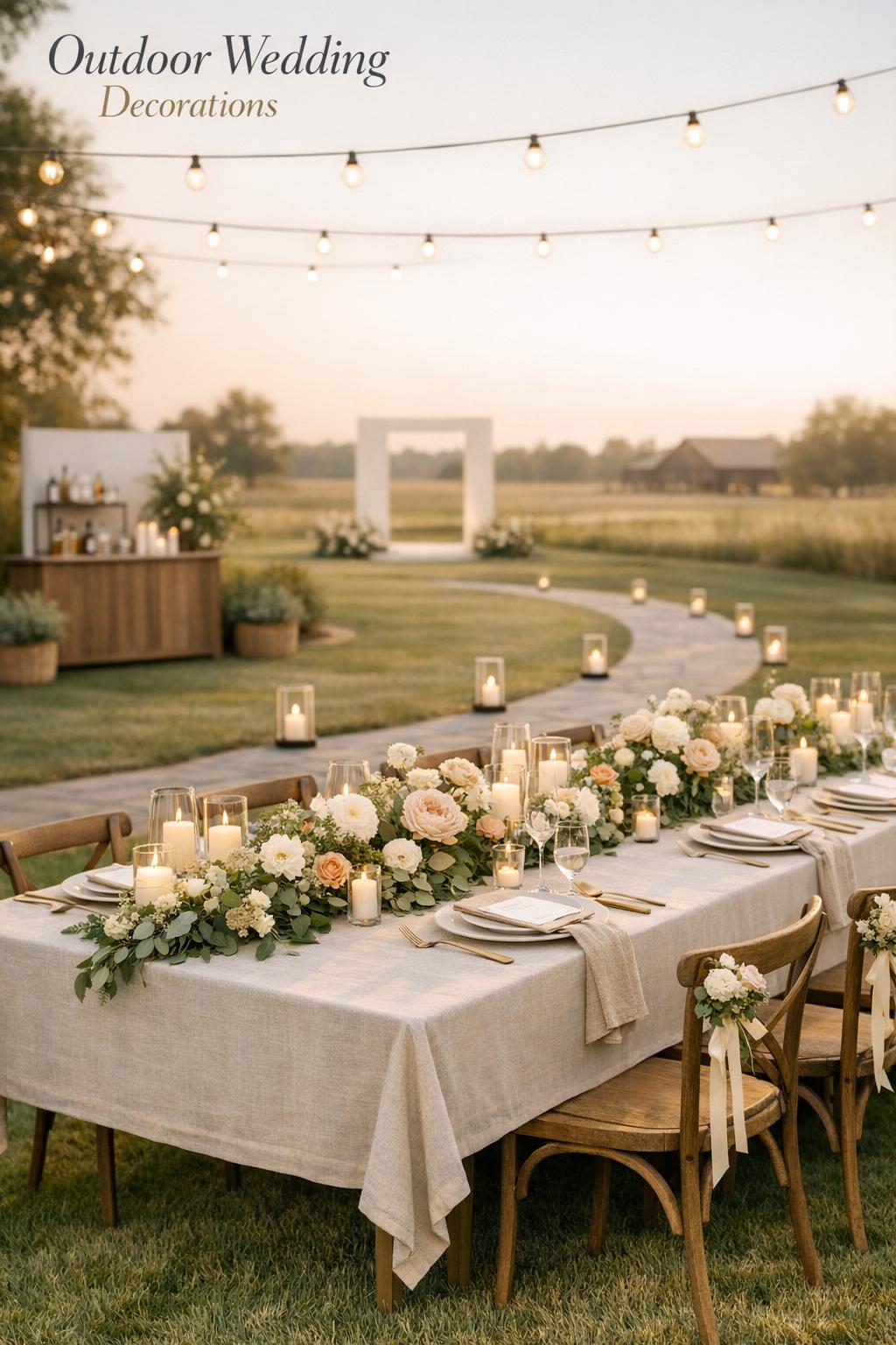 Outdoor wedding decorations on a minimalist farm table reception with greenery garland, lantern path, and string lights at golden hour.