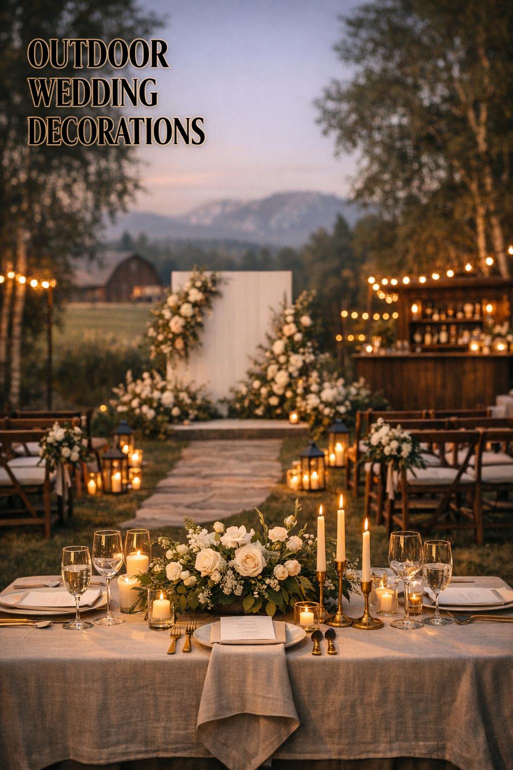 Outdoor wedding decorations with romantic reception table, florals, candles, and string lights in a meadow at golden hour
