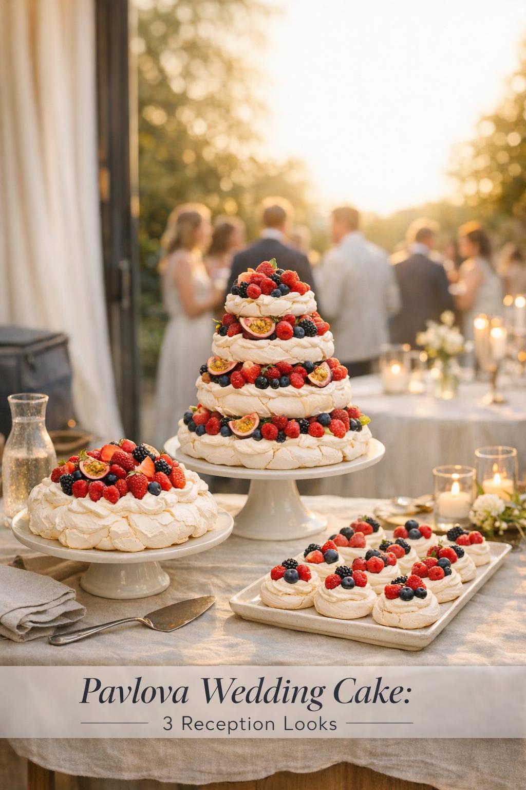 Pavlova Wedding Cake: 3 Reception Looks Pavlova wedding cake dessert table with tiered tower, centerpiece pavlova, and mini nests at golden-hour reception