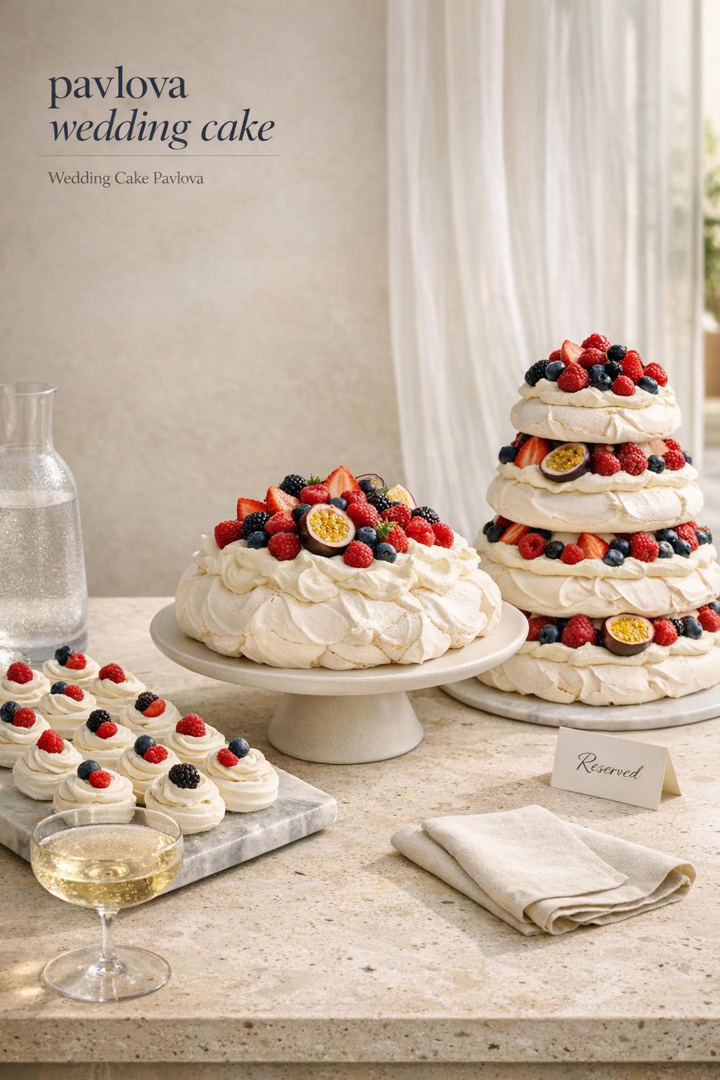 Pavlova Wedding Cake Dessert Table Styling Pavlova wedding cake dessert table with centerpiece pavlova, tiered tower, and mini pavlova nests in soft sunlit reception styling