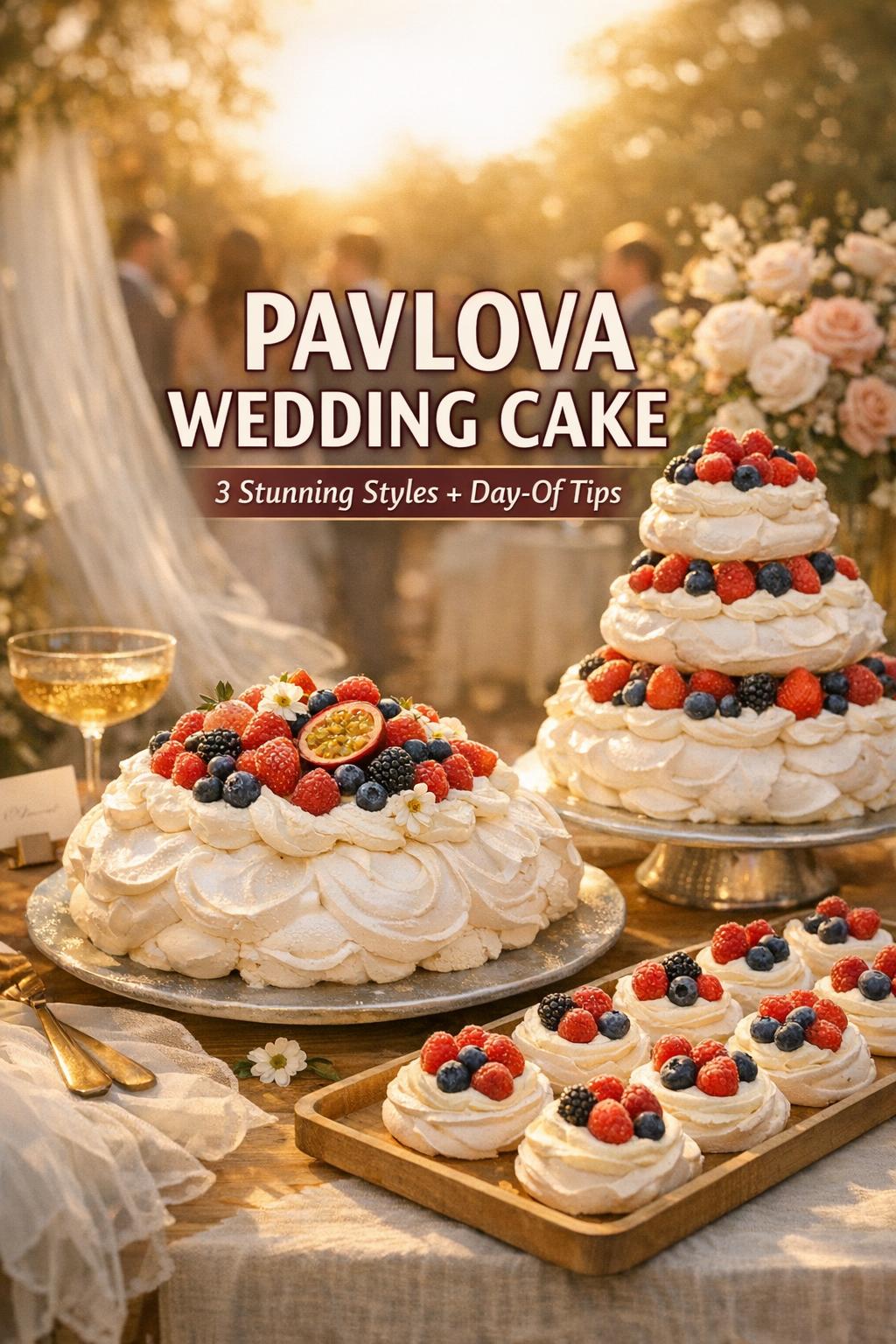 Pavlova Wedding Cake: 3 Stunning Styles Pavlova wedding cake dessert table at golden hour with tiered tower, centerpiece pavlova, and mini pavlova nests