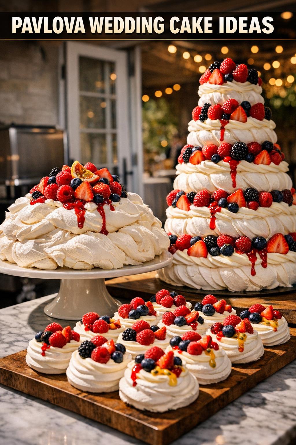 Pavlova Wedding Cake with Berries Pavlova wedding cake with whipped cream, fresh berries, and delicate floral accents on a tiered display