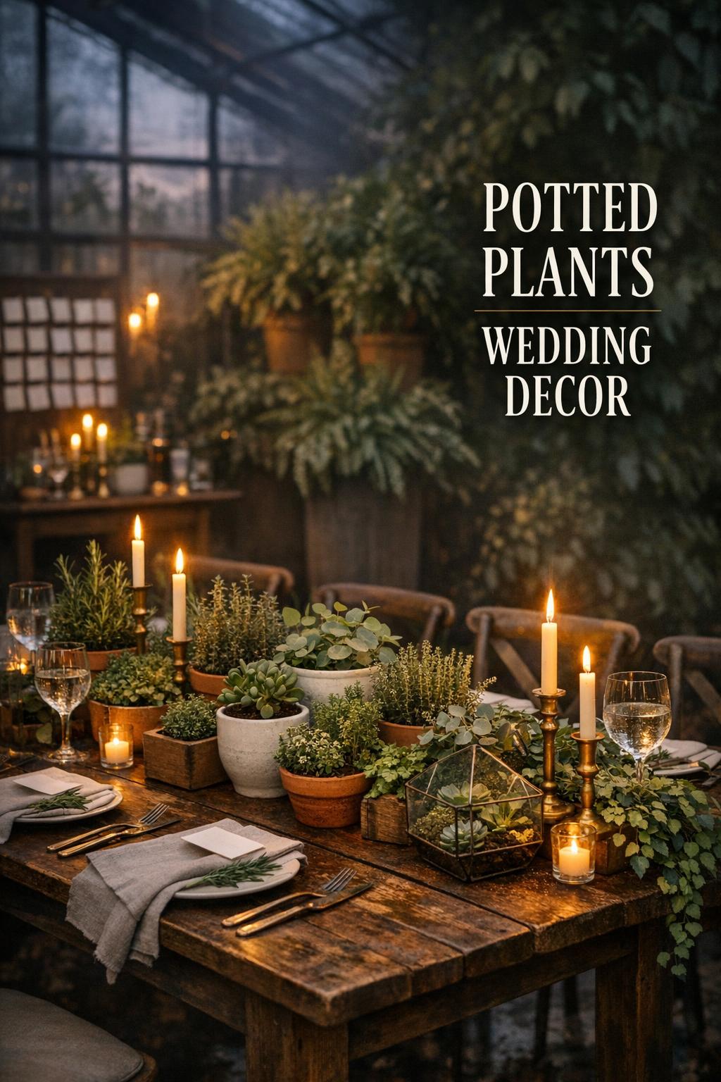 Potted plants wedding decor on a wooden farm table in a dusk greenhouse with candles, terracotta pots, and lush greenery.