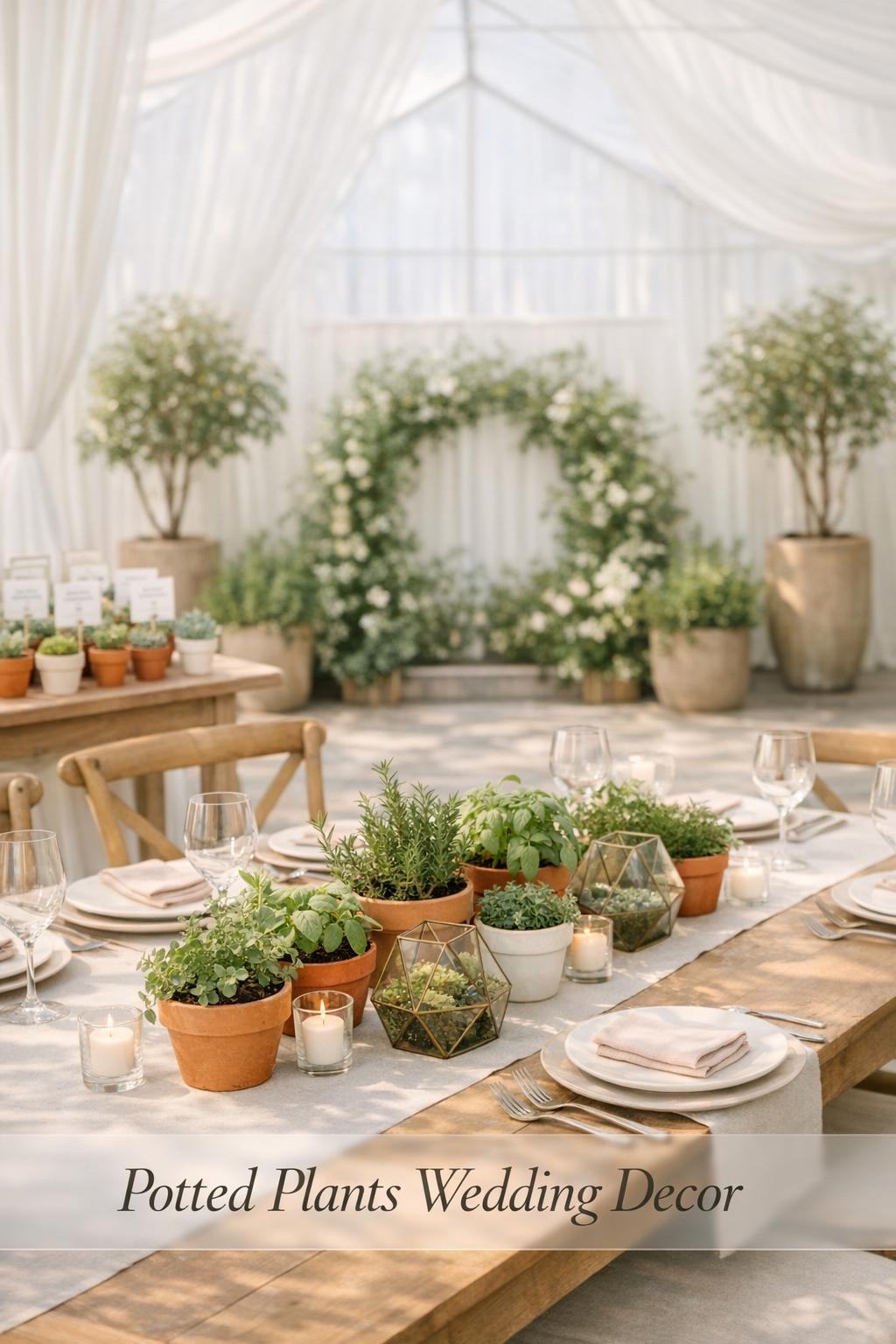 Potted plants wedding decor on a greenhouse reception table with terracotta pots, herbs, terrariums, and soft ivory linens