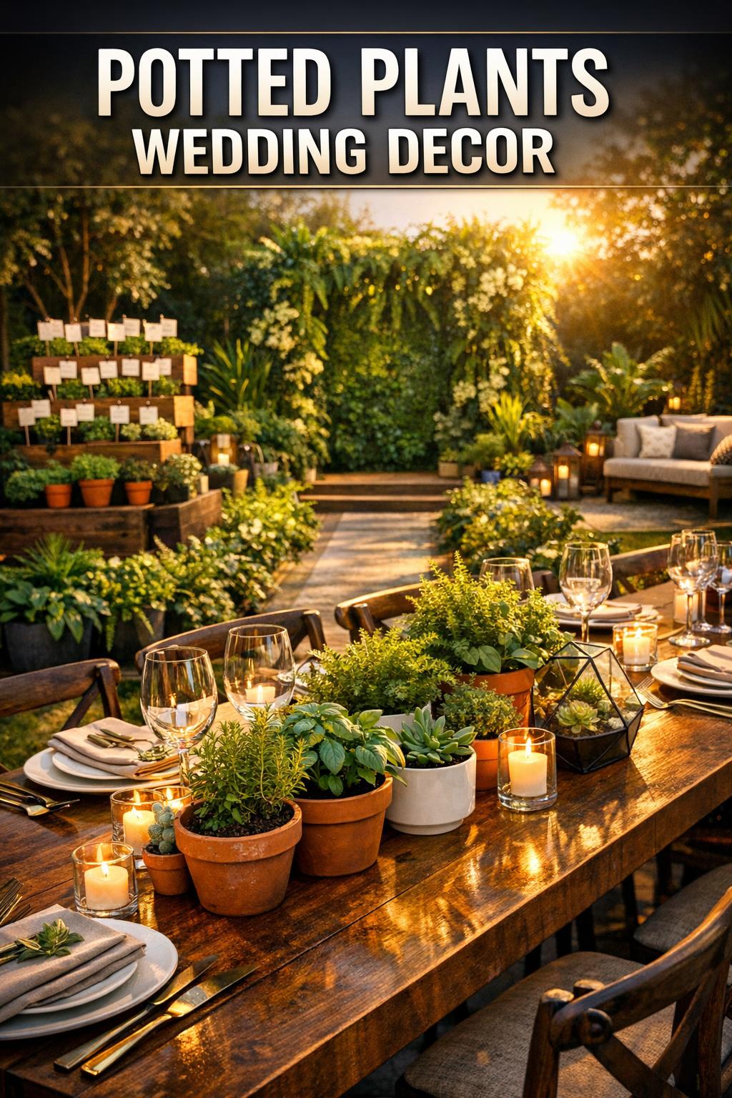 Potted plants wedding decor with lush greenery arranged on reception tables in a bright venue