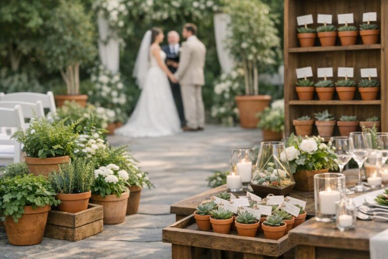 Potted plants wedding decor with terracotta herb pots and lush greenery as elegant reception centerpieces