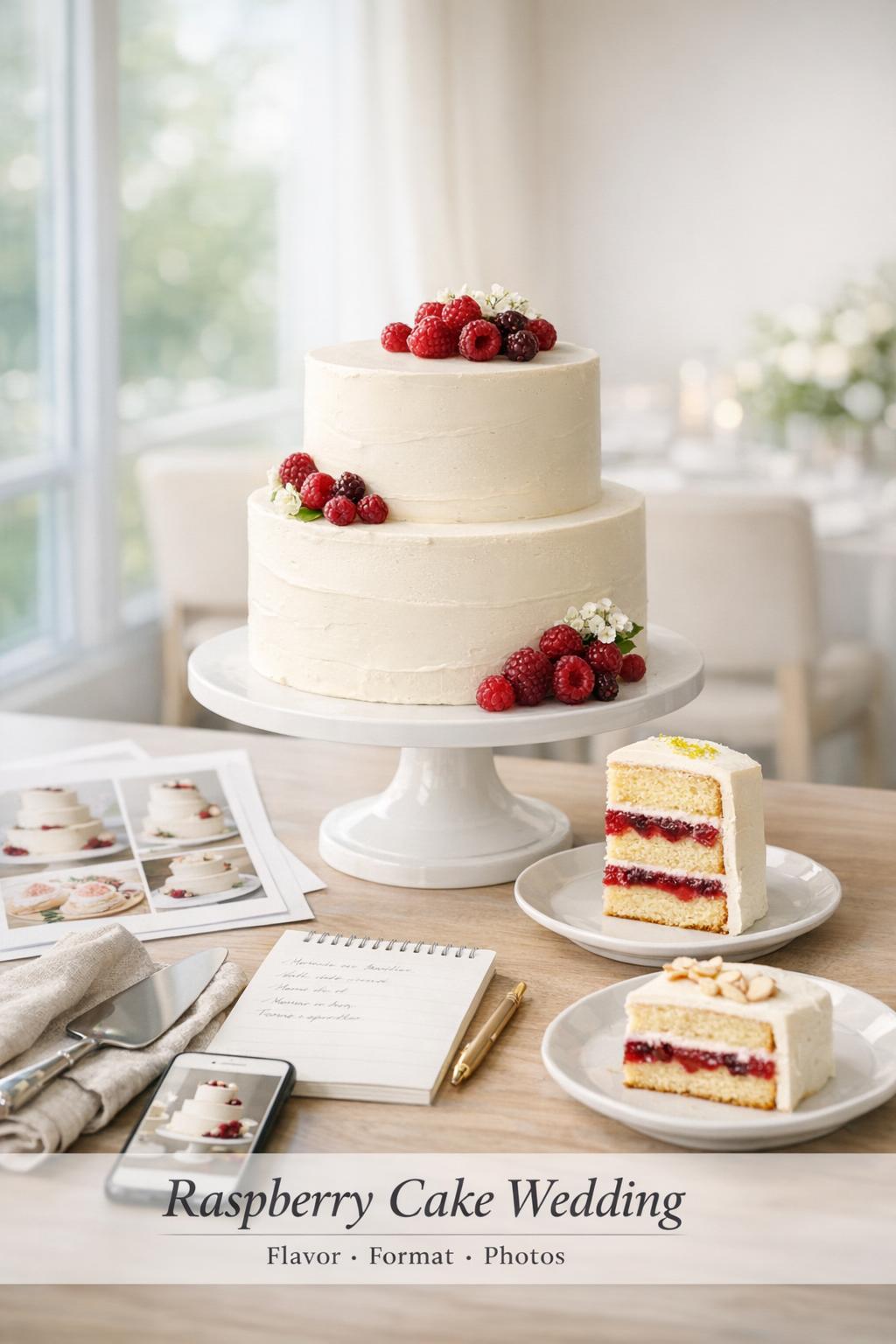 Raspberry cake wedding consultation table with tiered cake, sliced raspberry filling, mood board, and tasting notes in window light