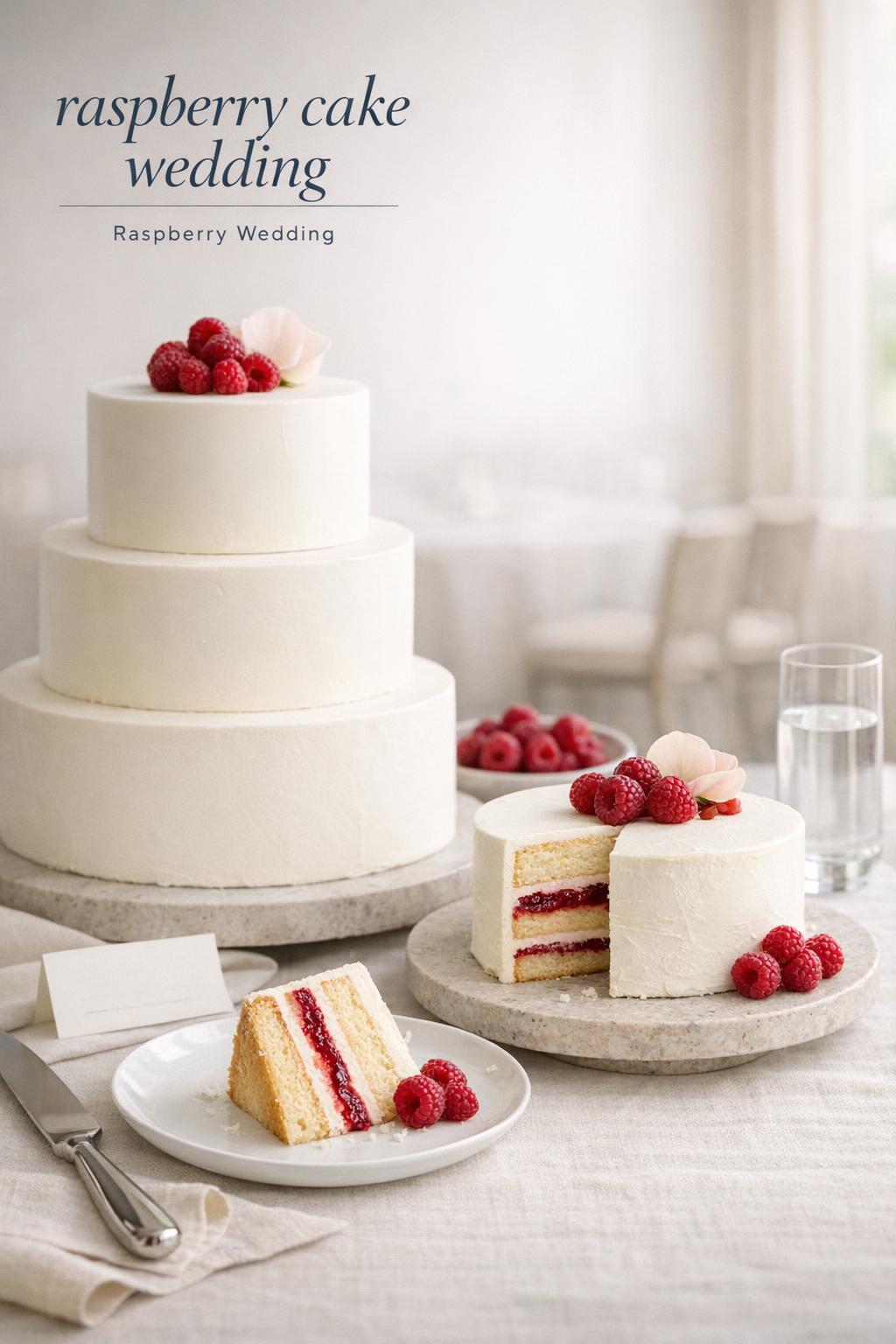 Raspberry cake wedding consultation table with tiered sample, modern dessert cake, and plated raspberry filling slice by window light