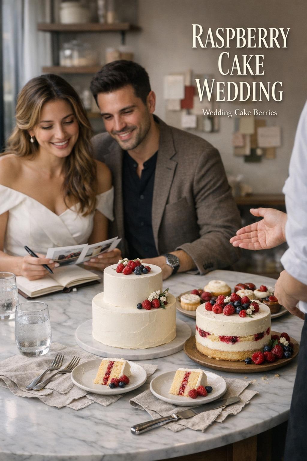 Raspberry cake wedding tasting with bride, partner, and pastry chef comparing two cakes in a sunlit bakery consultation