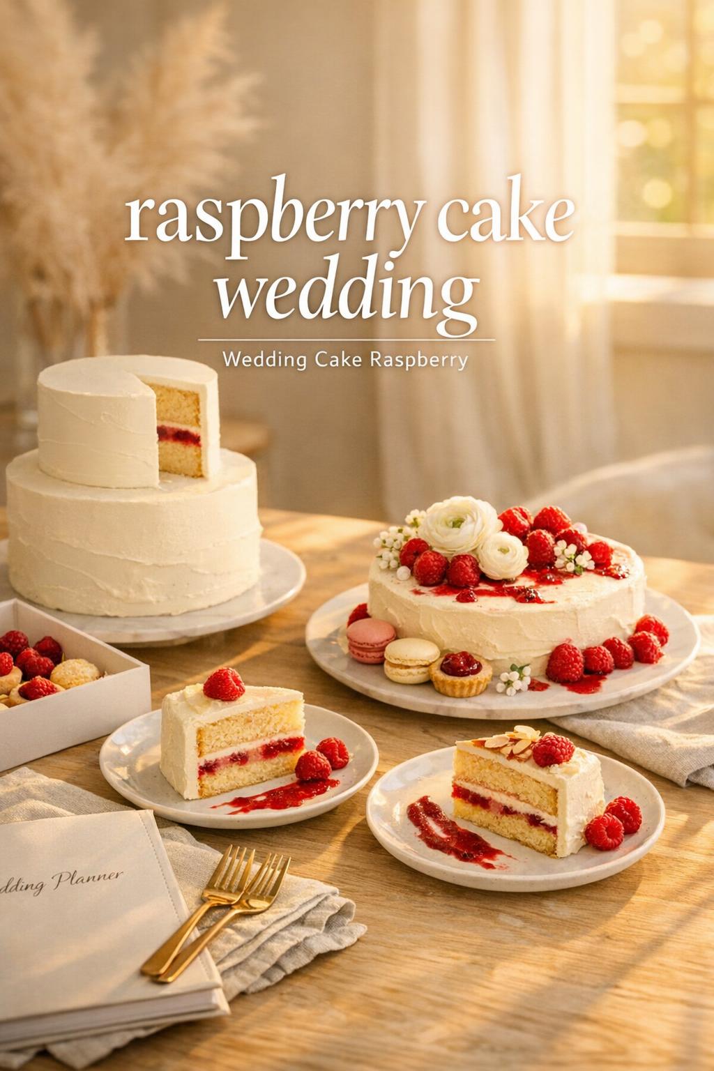 Raspberry cake wedding tasting setup with tiered white cake slice, modern table cake, macarons, and golden-hour bakery consult table.