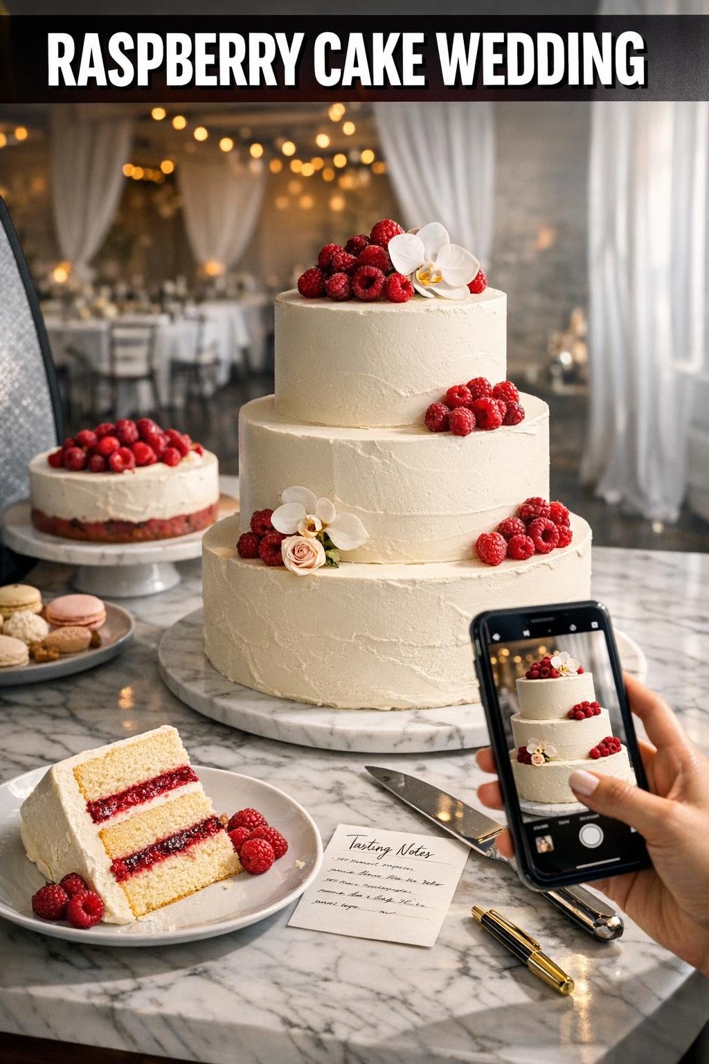 Raspberry cake wedding centerpiece with fresh raspberries and white frosting on an elegant tiered cake display