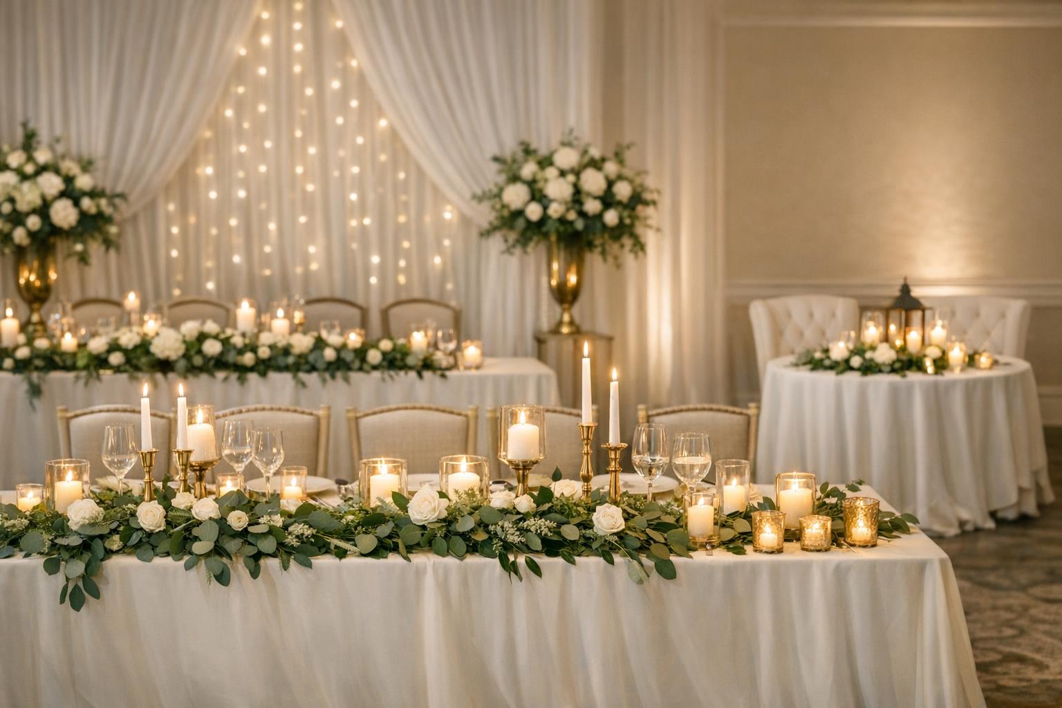 Romantic, Calm Head Table Wedding Decorations to Copy Indoors