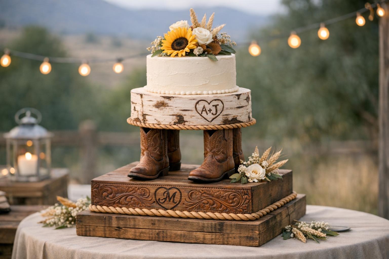 Romantic western wedding cake with boot pillars, cow-spot tier, rope detailing, and sunflower accents outdoors