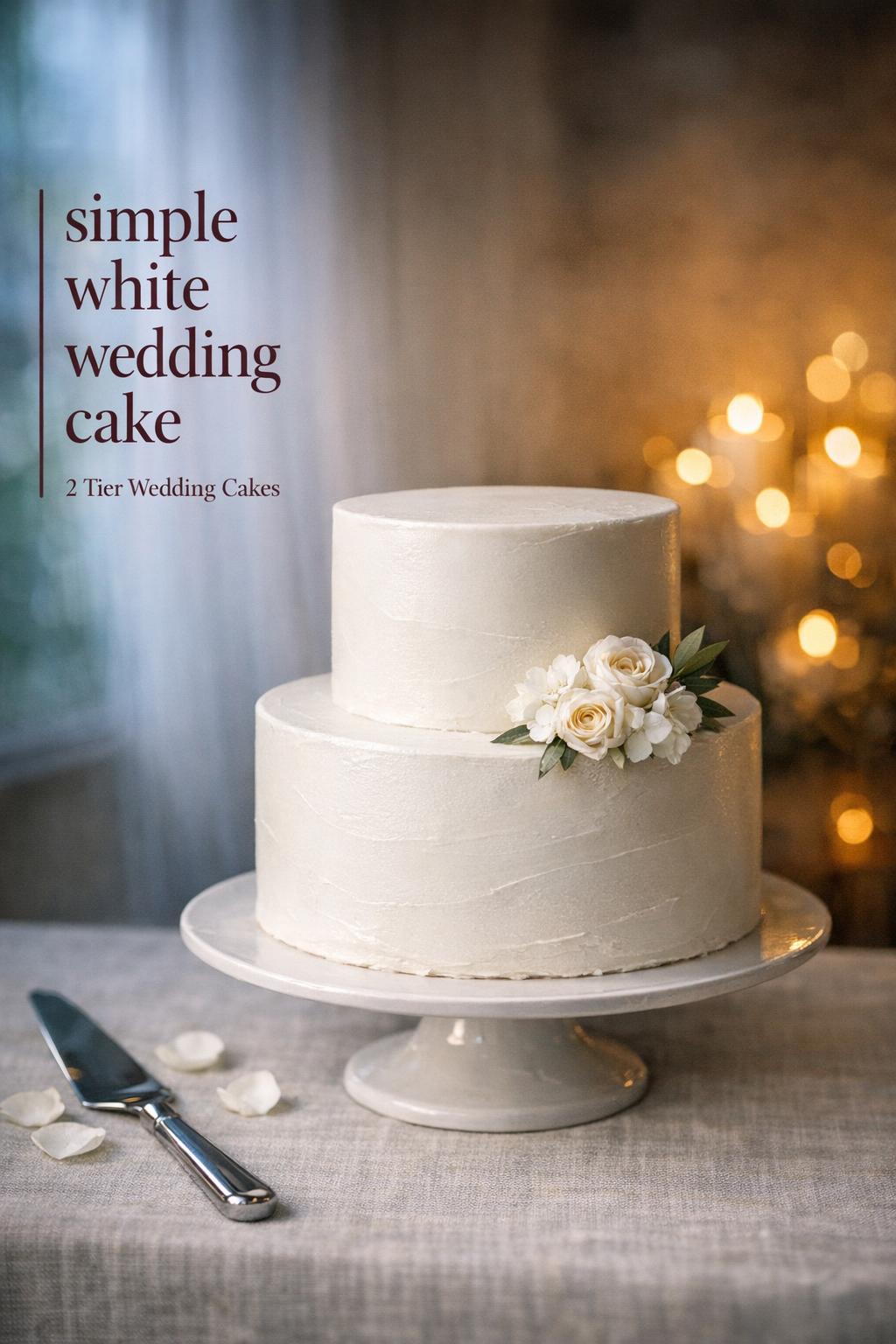 Simple white wedding cake on minimalist table with soft daylight and candlelit bokeh, 2-tier design with white roses