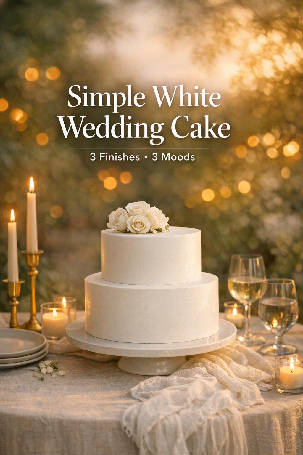 Simple white wedding cake on an elegant candlelit reception table at golden hour with linen, brass tapers, and garden bokeh