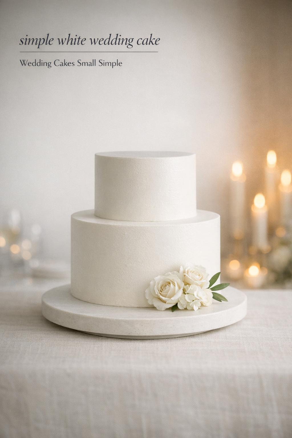 Simple white wedding cake with smooth buttercream and white hydrangea accent on a minimalist reception table