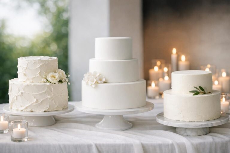 Simple white wedding cake with smooth buttercream finish on an elegant cake table in soft natural light