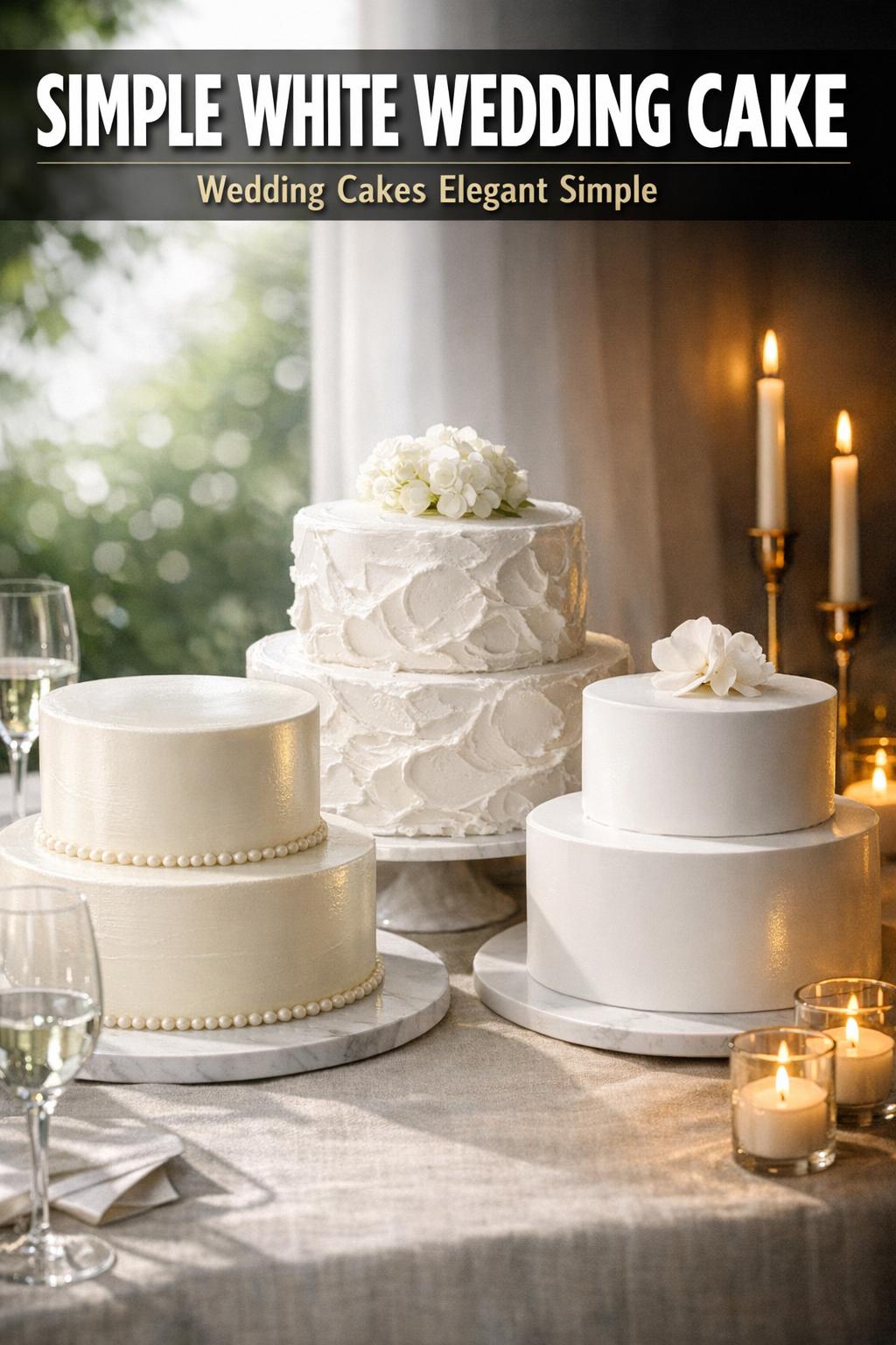 Simple white wedding cake with smooth frosting on a cake stand
