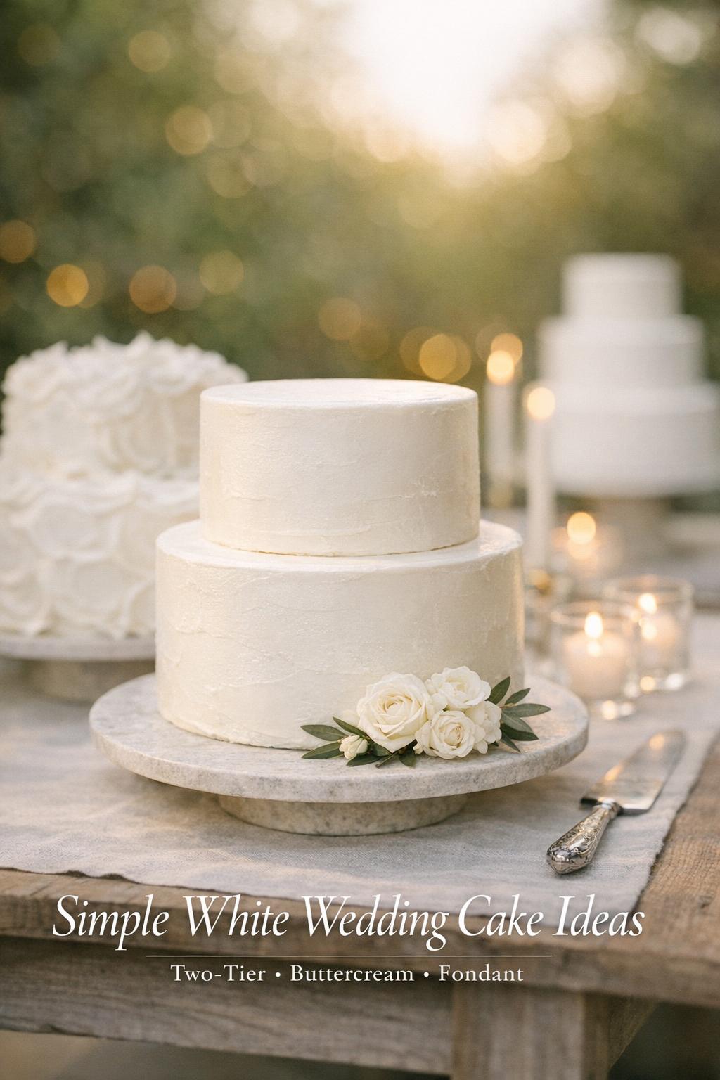 Simple white wedding cake two tier on minimalist reception table with roses, linen runner, and soft daylight bokeh