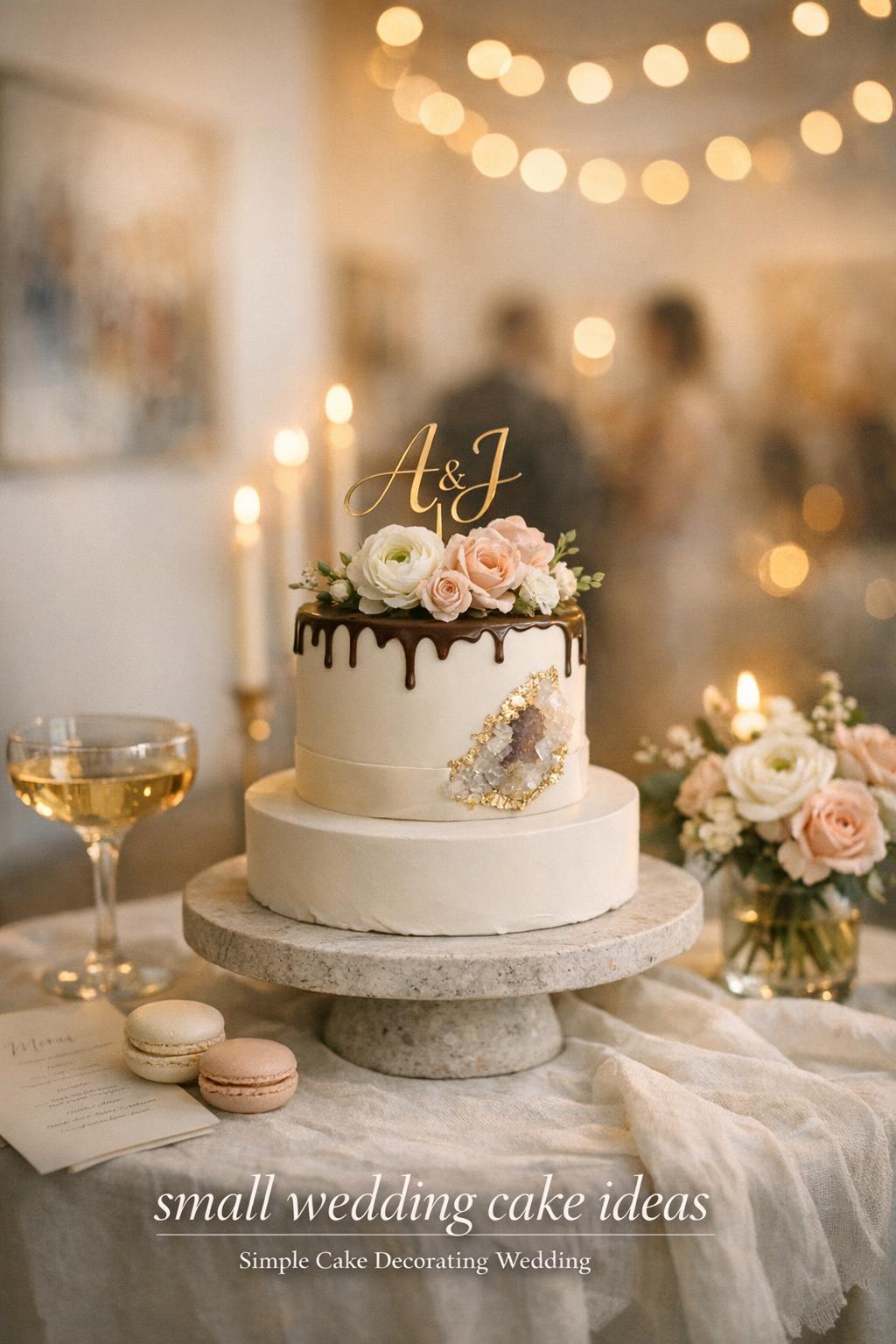 Small Wedding Cake Ideas for a Candlelit Gallery Small wedding cake ideas: petite 2-tier white fondant cake with ganache drip and gold accents in candlelit gallery