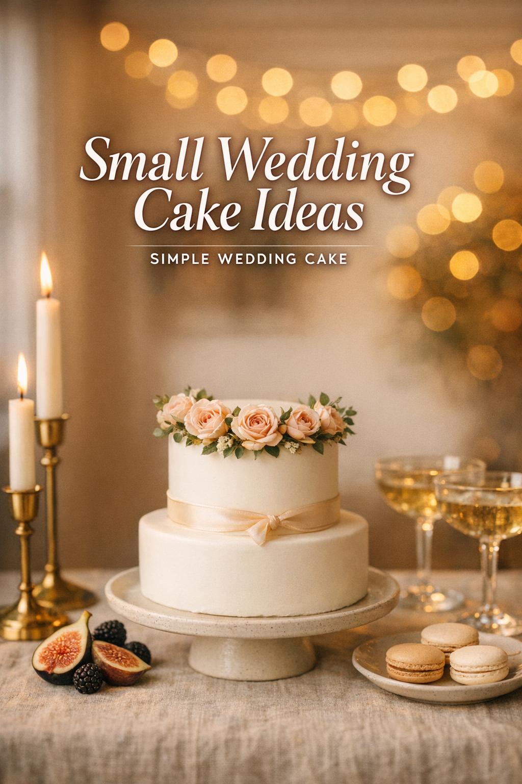 Small Wedding Cake Ideas for a Candlelit Micro-Wedding Small wedding cake ideas with a petite white two-tier cake on a pedestal, candlelit micro-wedding table in a cozy gallery