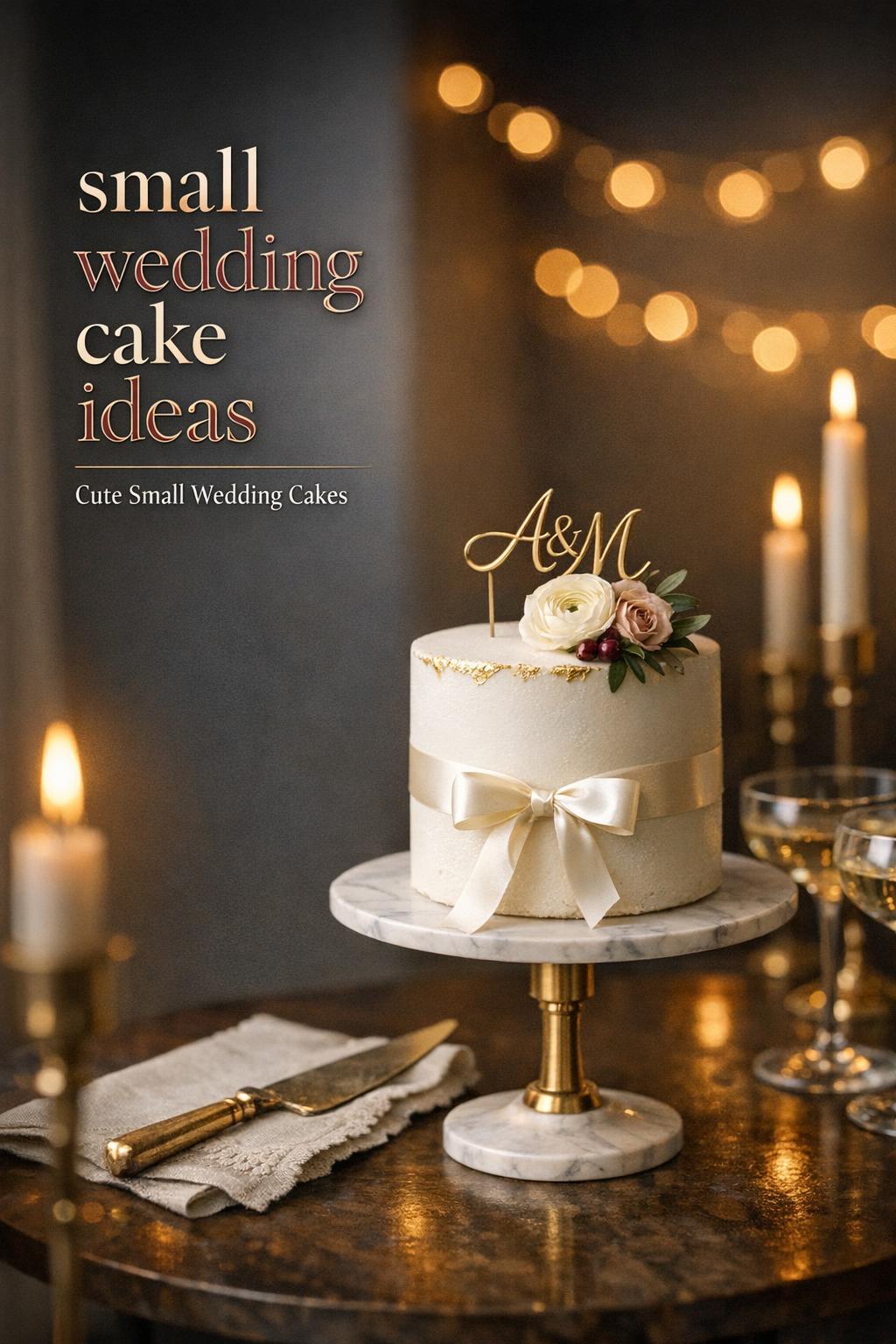 Small Wedding Cake Ideas in Candlelit Gallery Small wedding cake ideas: ivory ribbon fondant cake on marble pedestal with candles in a modern gallery reception