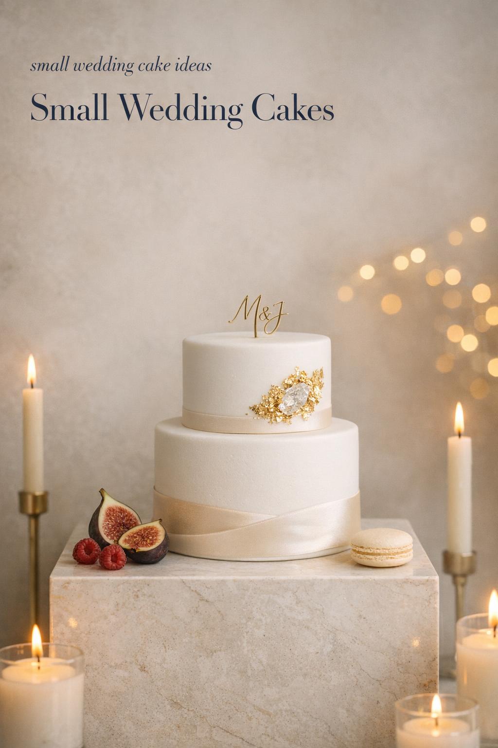 Small Wedding Cake Ideas in Modern Gallery Setting Small wedding cake ideas: two-tier white fondant micro-wedding cake with ivory ribbon and gold leaf detail in gallery light