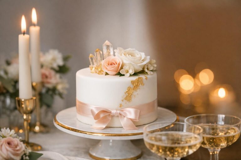 Small wedding cake ideas: minimalist white fondant cake with ribbon and subtle gold leaf on a candlelit dessert table