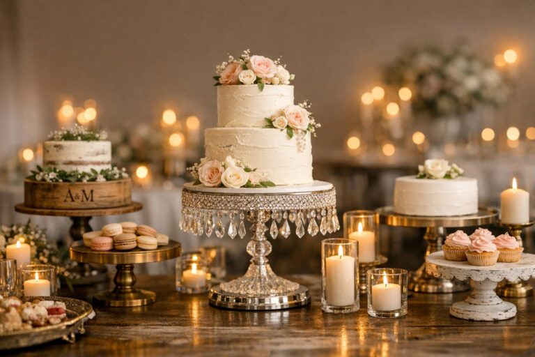 Wedding cake stand styled on a softly luxe dessert table with florals, candles, and a white tiered cake centerpiece