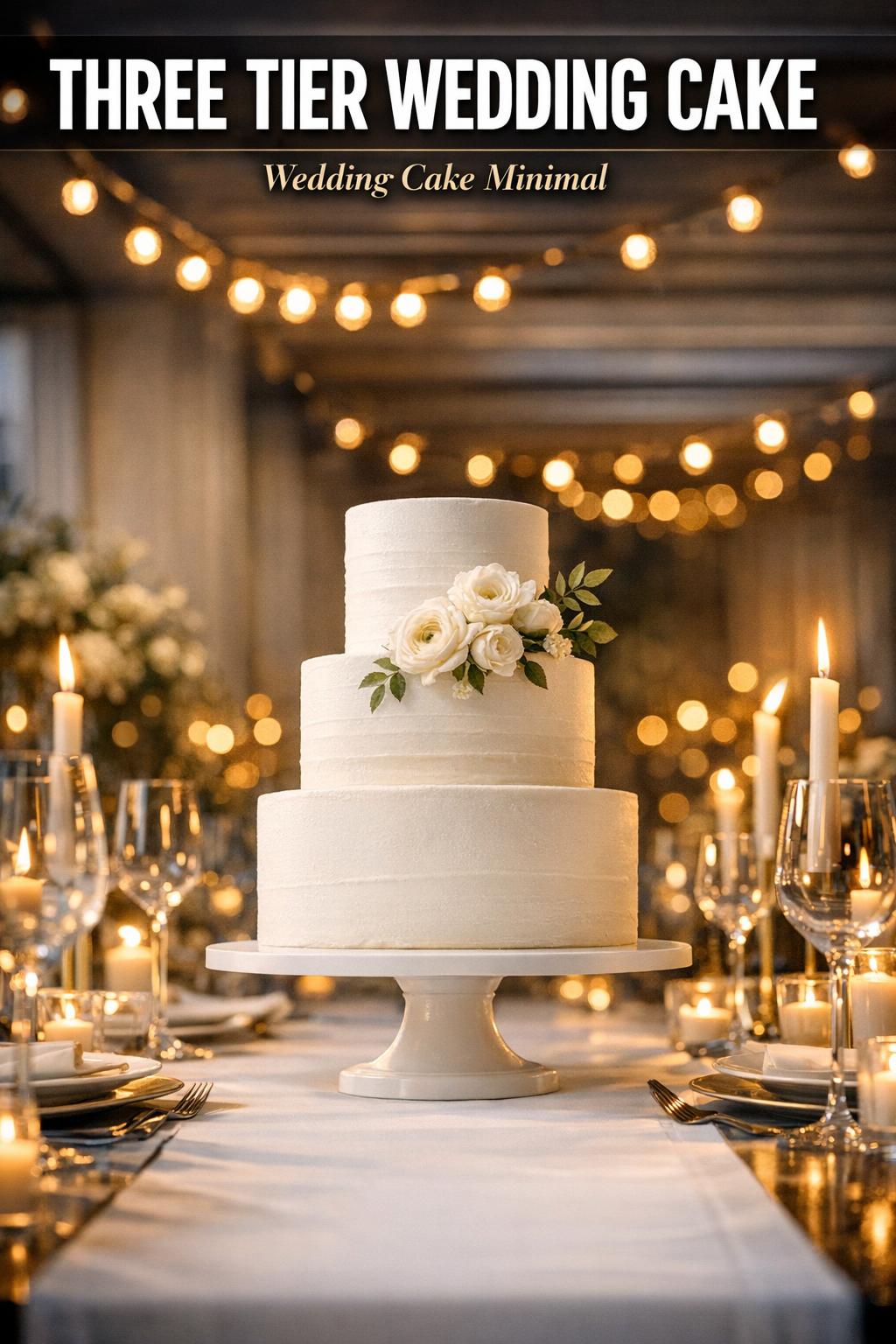 Three tier wedding cake with elegant white frosting and floral details on a reception table