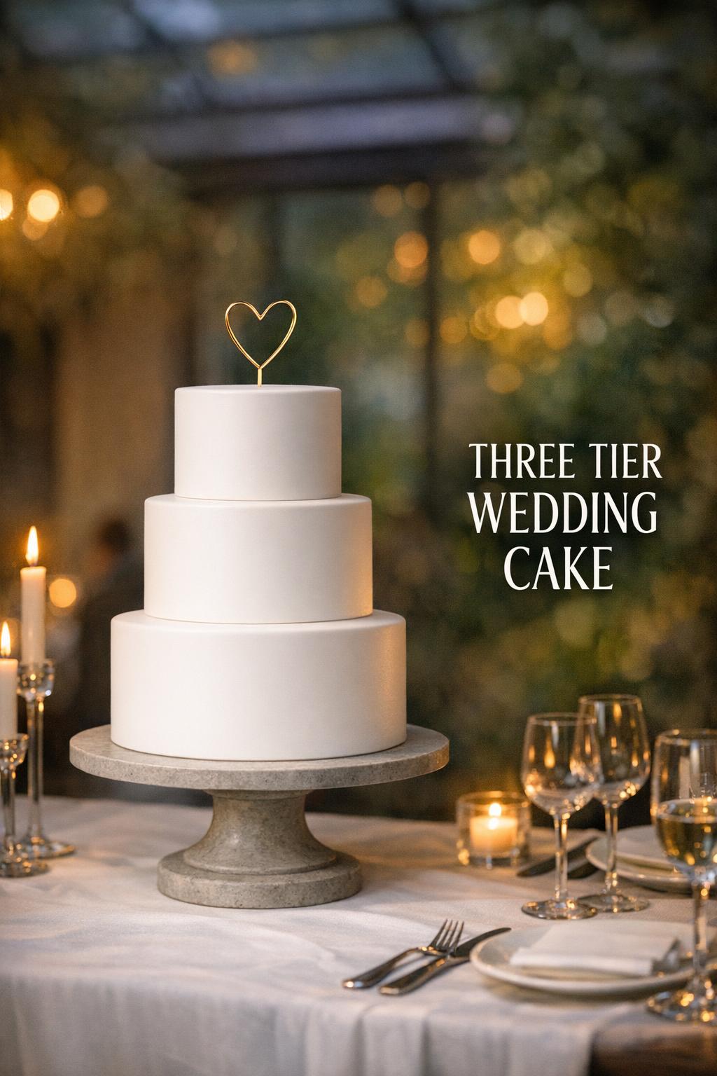 Three tier wedding cake on an elegant pedestal with candles and glassware in moody candlelit reception setting