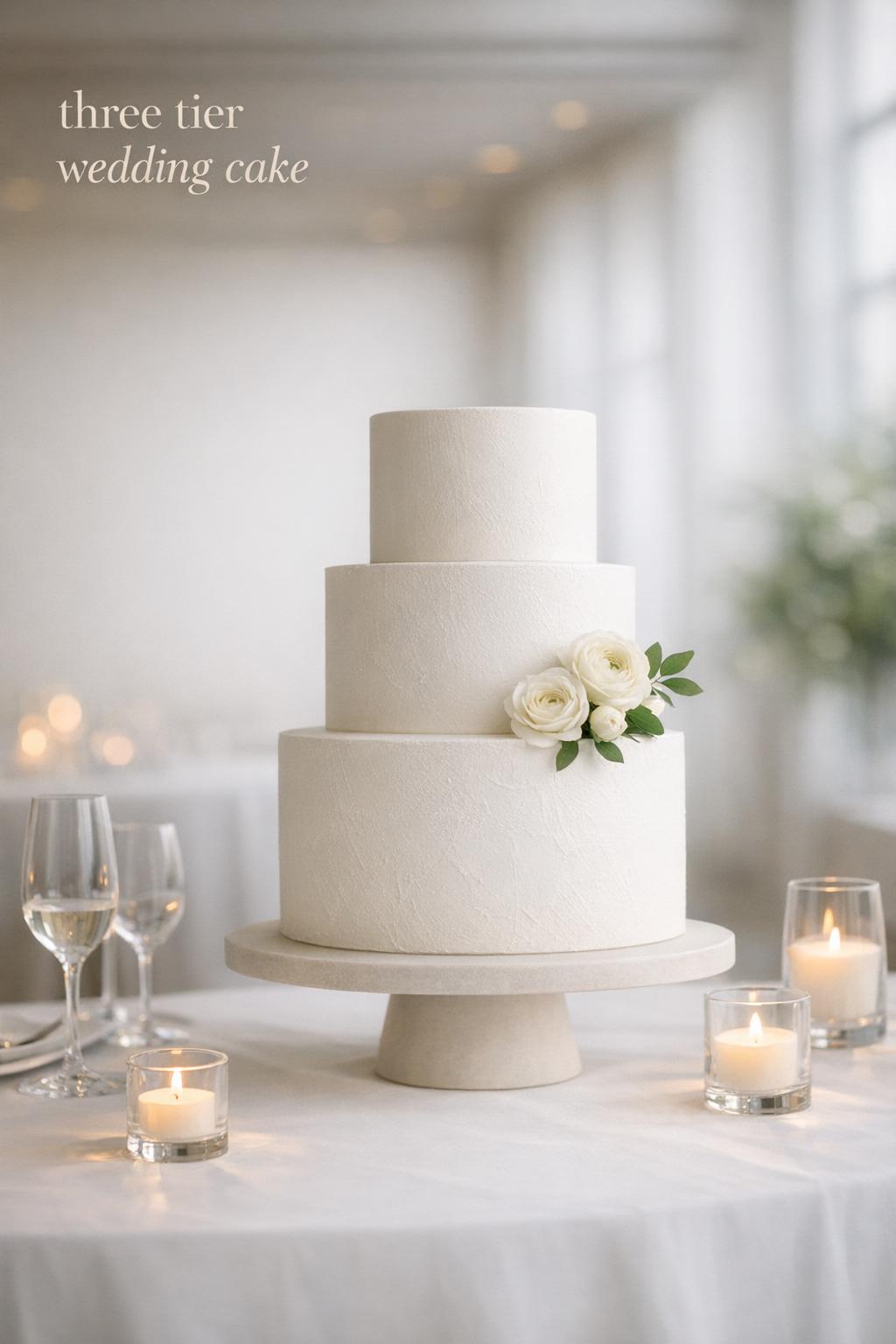 Three tier wedding cake on modern reception table with white linen, soft candlelight, and minimal floral detail