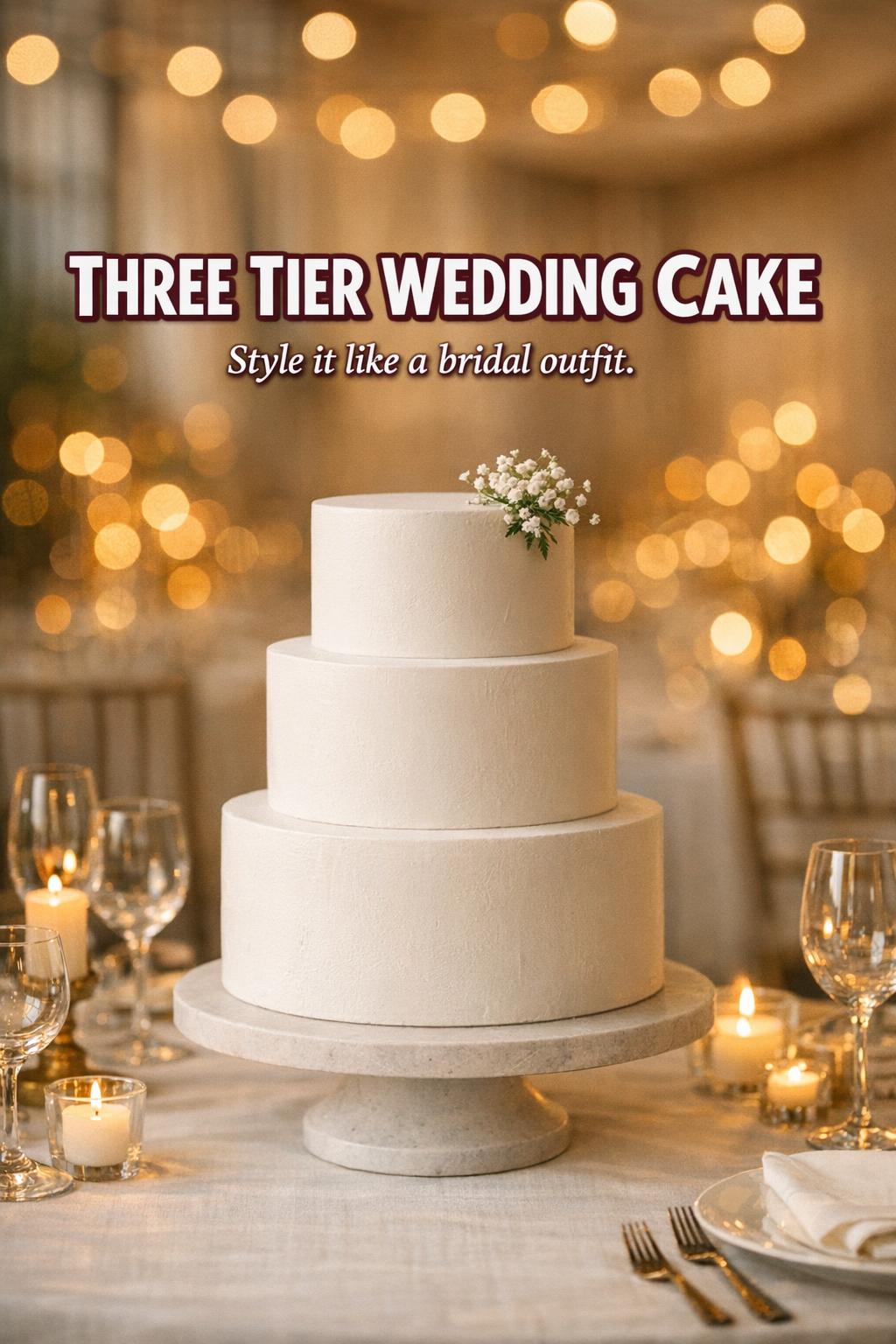 Three tier wedding cake centerpiece on white linen table with candlelight and golden hour glow, elegant reception decor