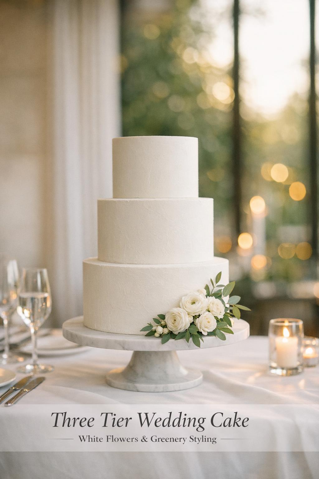 Three tier wedding cake with white flowers and greenery on a modern reception table in soft golden window light