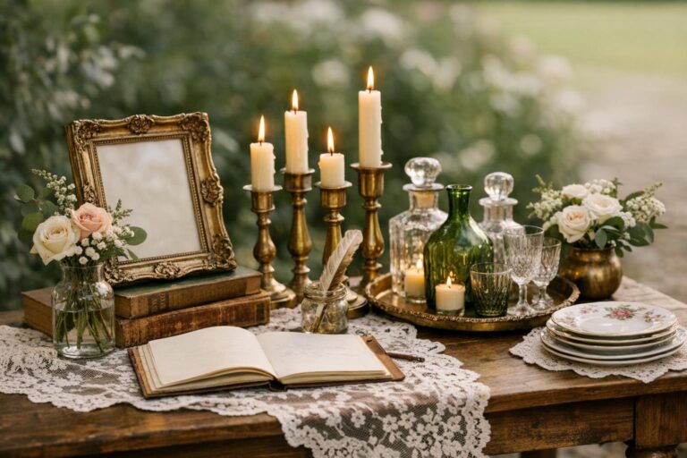 Thrifted wedding decor vignette with vintage frames, brass candlesticks, and mixed glass vases on a styled table
