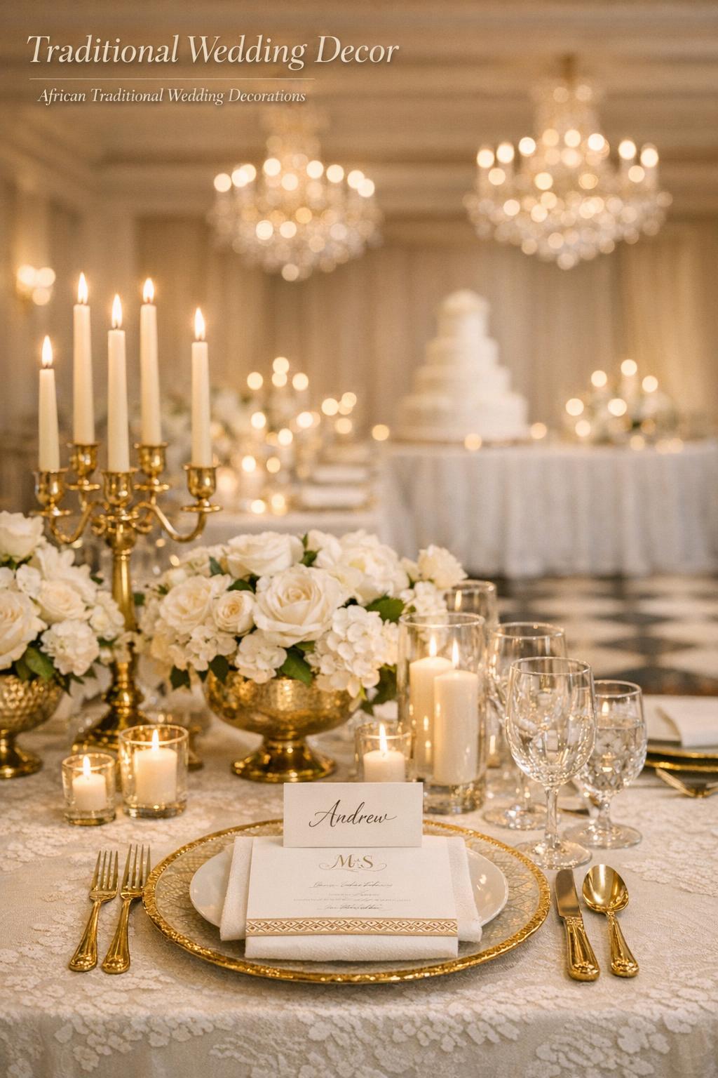 Traditional wedding decor in a classic ballroom with ivory linens, gold details, crystal glassware, and candlelit florals