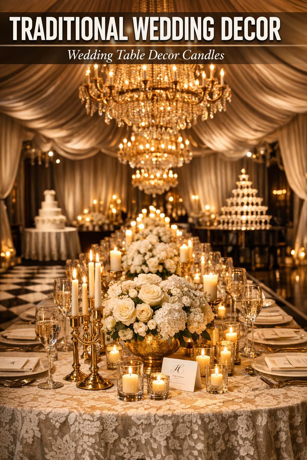 Traditional wedding decor with elegant floral arrangements, draped fabrics, and warm ambient lighting at a reception venue