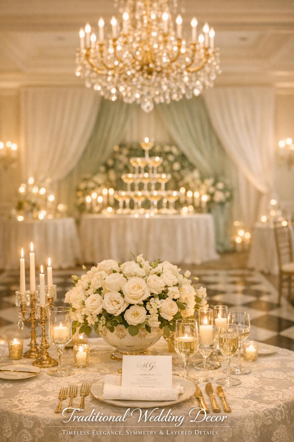 Traditional wedding decor in a bright grand ballroom with chandelier light, ivory tables, gold accents, candles, and sage draping
