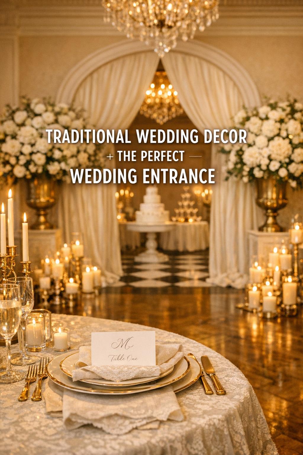 Traditional wedding decor entrance in a historic mansion ballroom with ivory florals, gold urns, candles, and chandelier glow