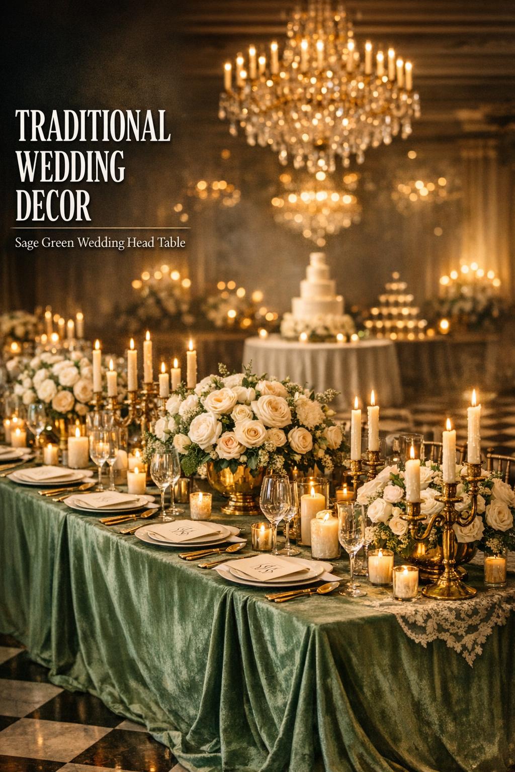 Traditional wedding decor in a grand ballroom with a sage green head table, ivory florals, gold accents, and candlelight