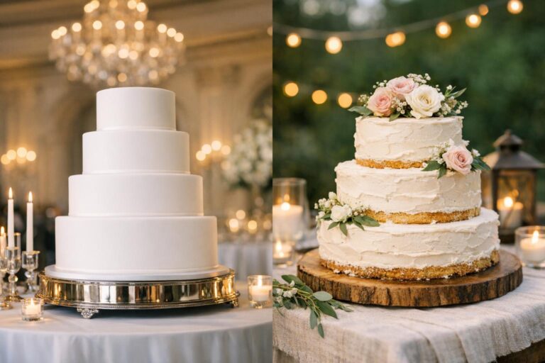 Traditional white wedding cake recipe with smooth buttercream tiers and simple floral accents on a cake table