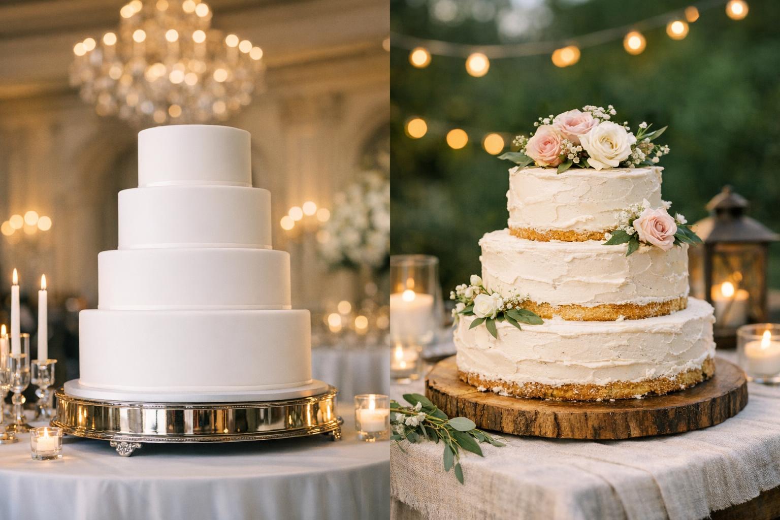 Traditional white wedding cake recipe with smooth buttercream tiers and simple floral accents on a cake table