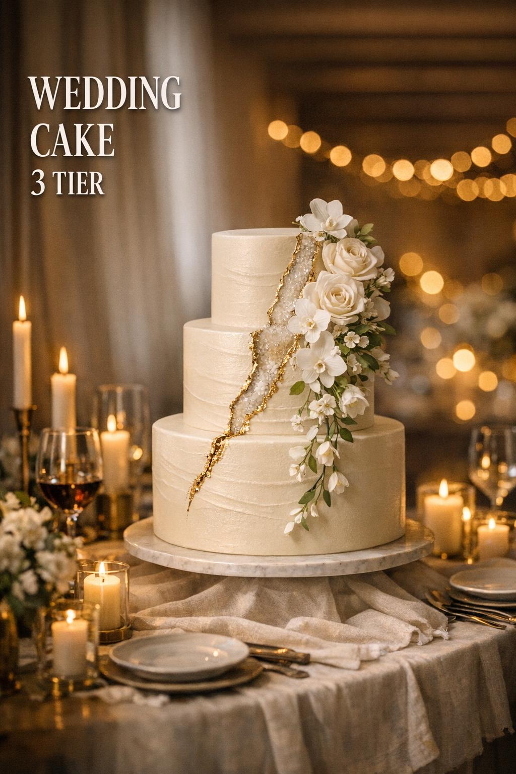 Wedding Cake 3 Tier in Candlelit Reception Wedding cake 3 tier on an elegant reception table with candlelight in a timeless upscale ballroom