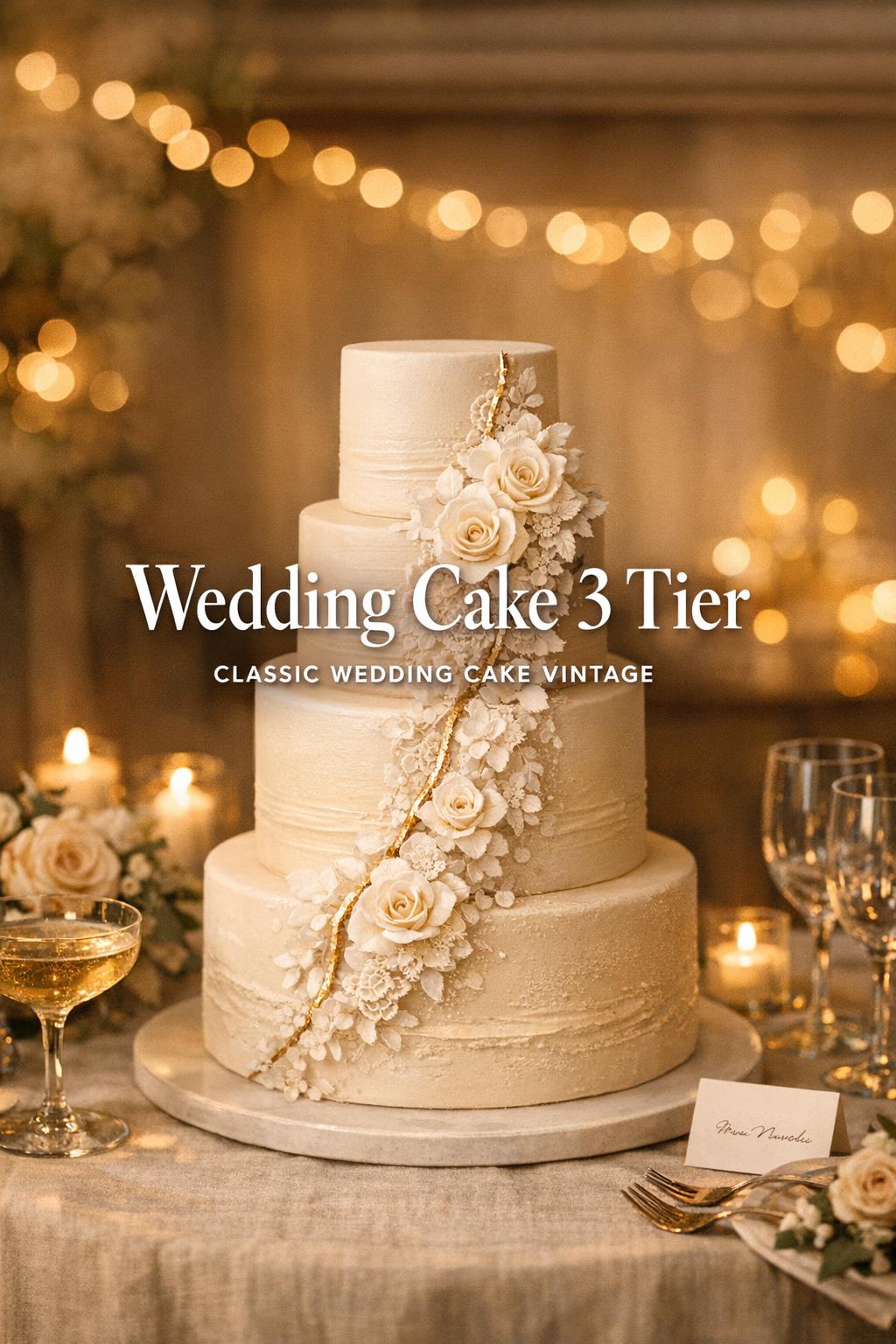 Wedding Cake 3 Tier in Candlelit Reception Setting Wedding cake 3 tier on an elegant candlelit reception table with ivory florals, champagne coupes, and warm golden bokeh lights
