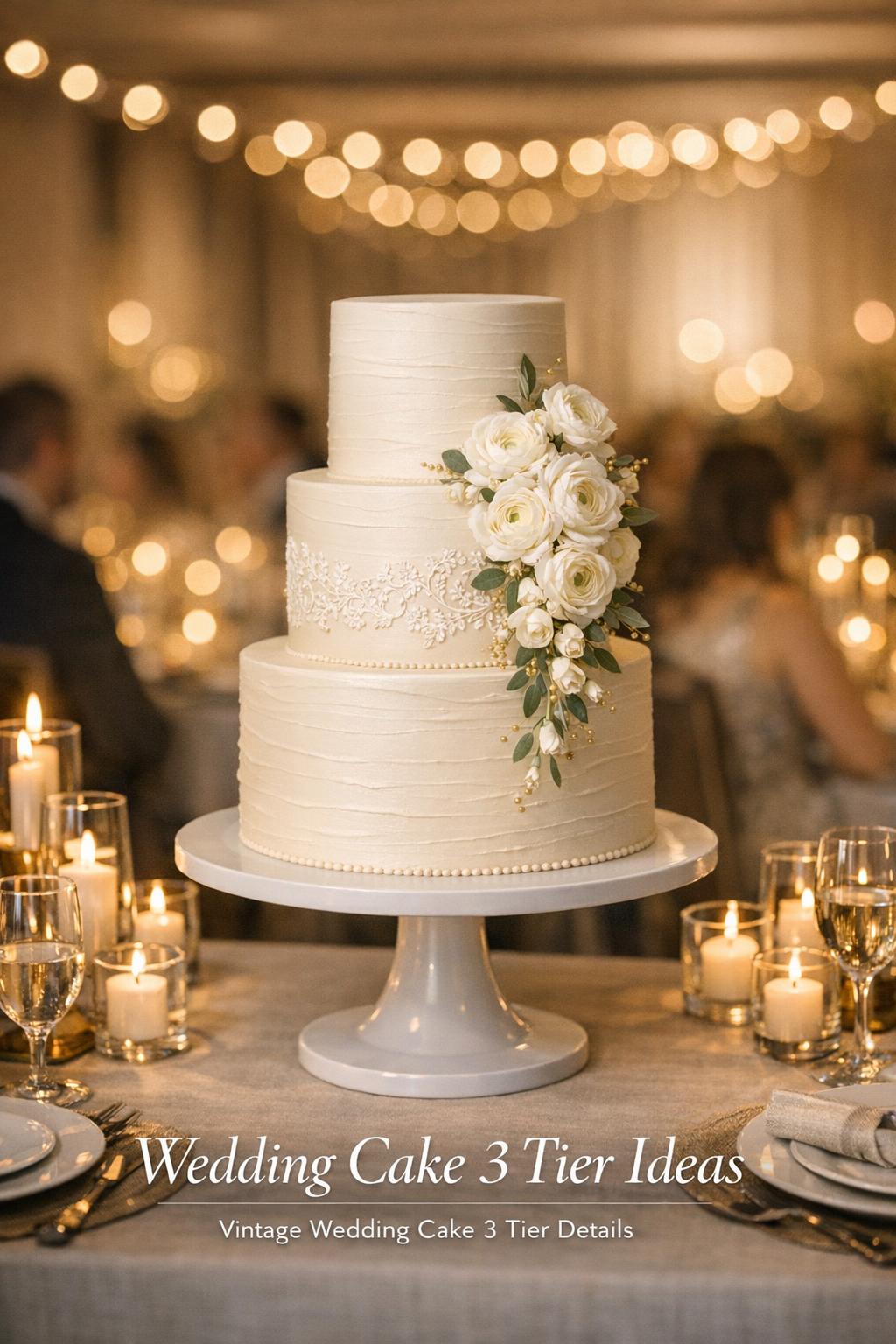 Wedding Cake 3 Tier Ideas in Candlelit Reception Candlelit wedding reception featuring a wedding cake 3 tier with ivory fondant, lace piping, and white florals on a pedestal stand