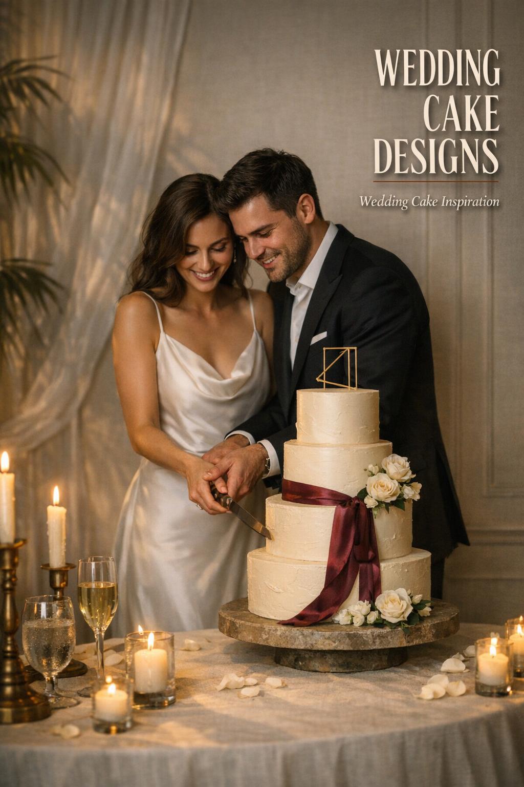 Wedding Cake Designs: Cinematic Cake-Cutting Moment Wedding cake designs at a candlelit coastal luxury reception as the couple pauses mid-cut at an elegant cake table.