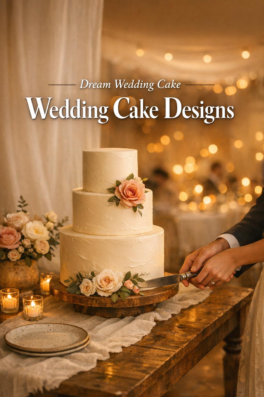 Wedding Cake Designs in Golden-Hour Reception Wedding cake designs at a golden-hour reception with couple’s hands cutting a tiered ivory cake on a candlelit table