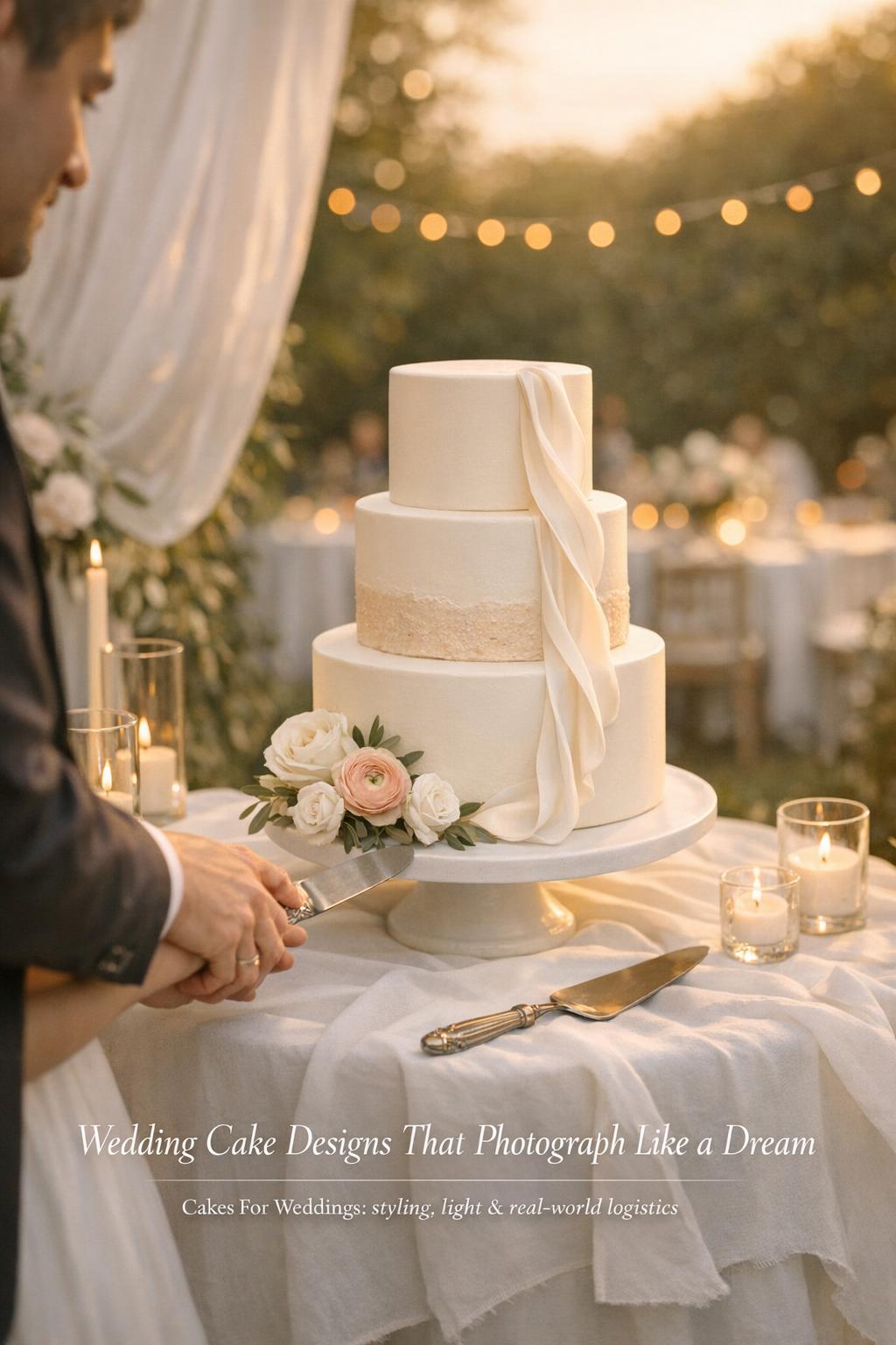 Wedding Cake Designs That Photograph Like a Dream Wedding cake designs on an ivory three-tier cake at a golden-hour garden reception, couple’s hands cutting with vintage knife