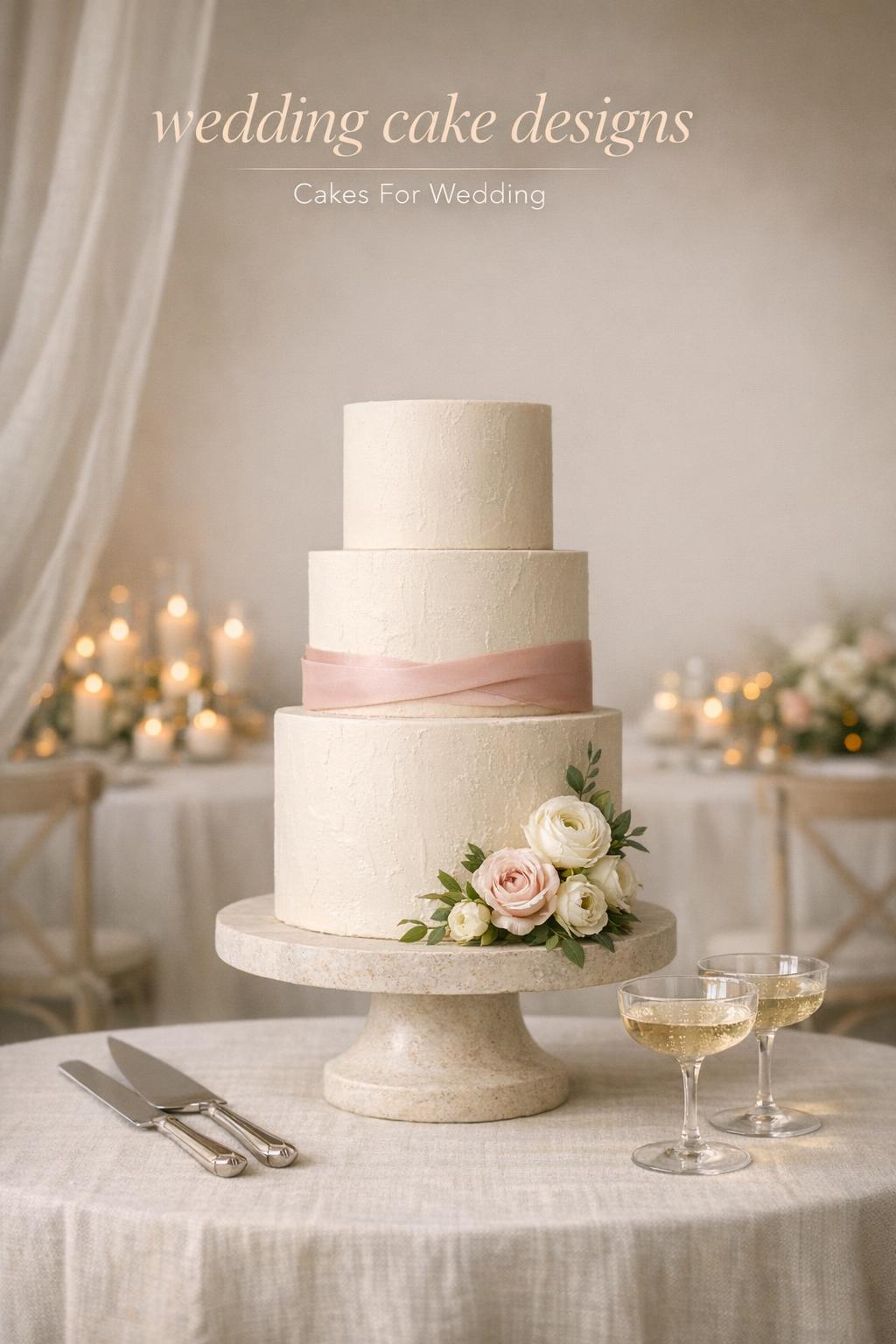 Wedding Cake Designs: Minimalist 3-Tier Ivory Cake Wedding cake designs in an editorial reception scene featuring a minimalist three-tier ivory cake with soft florals.