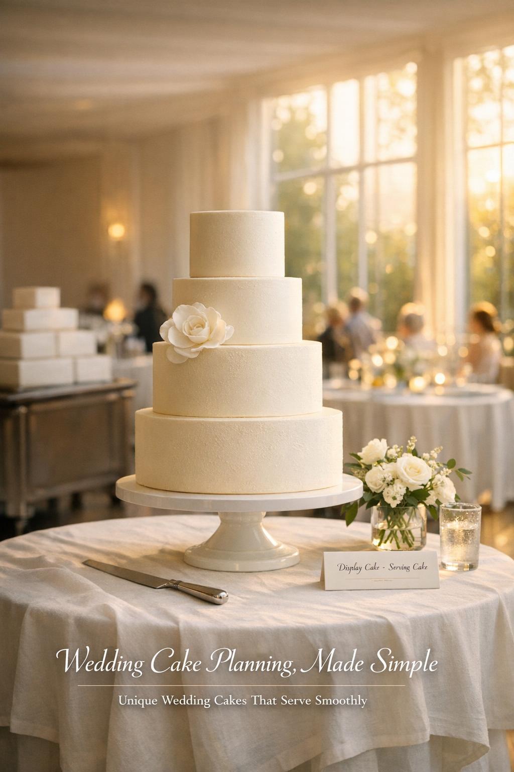 Wedding cake on elegant reception table in bright golden-hour ballroom, with soft bokeh and calm modern styling